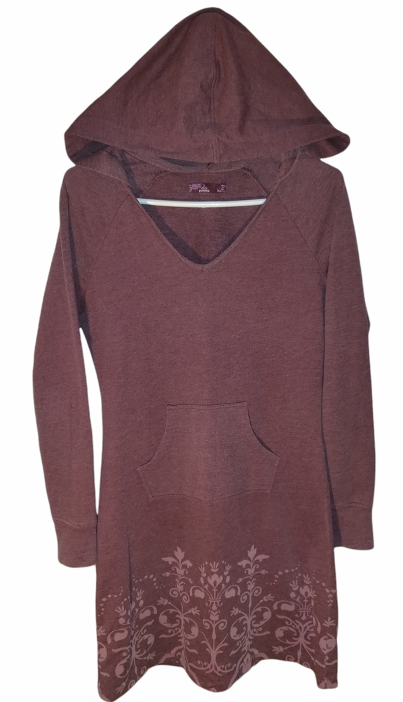 prAna WOMEN'S BURGUNDY HOODIE SWEATSHIRT DRESS PATTERNED BOTTOM SIZE XS